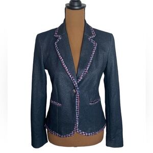7th Avenue New York & Co denim like tweed ribbon trimmed tailored blazer size S